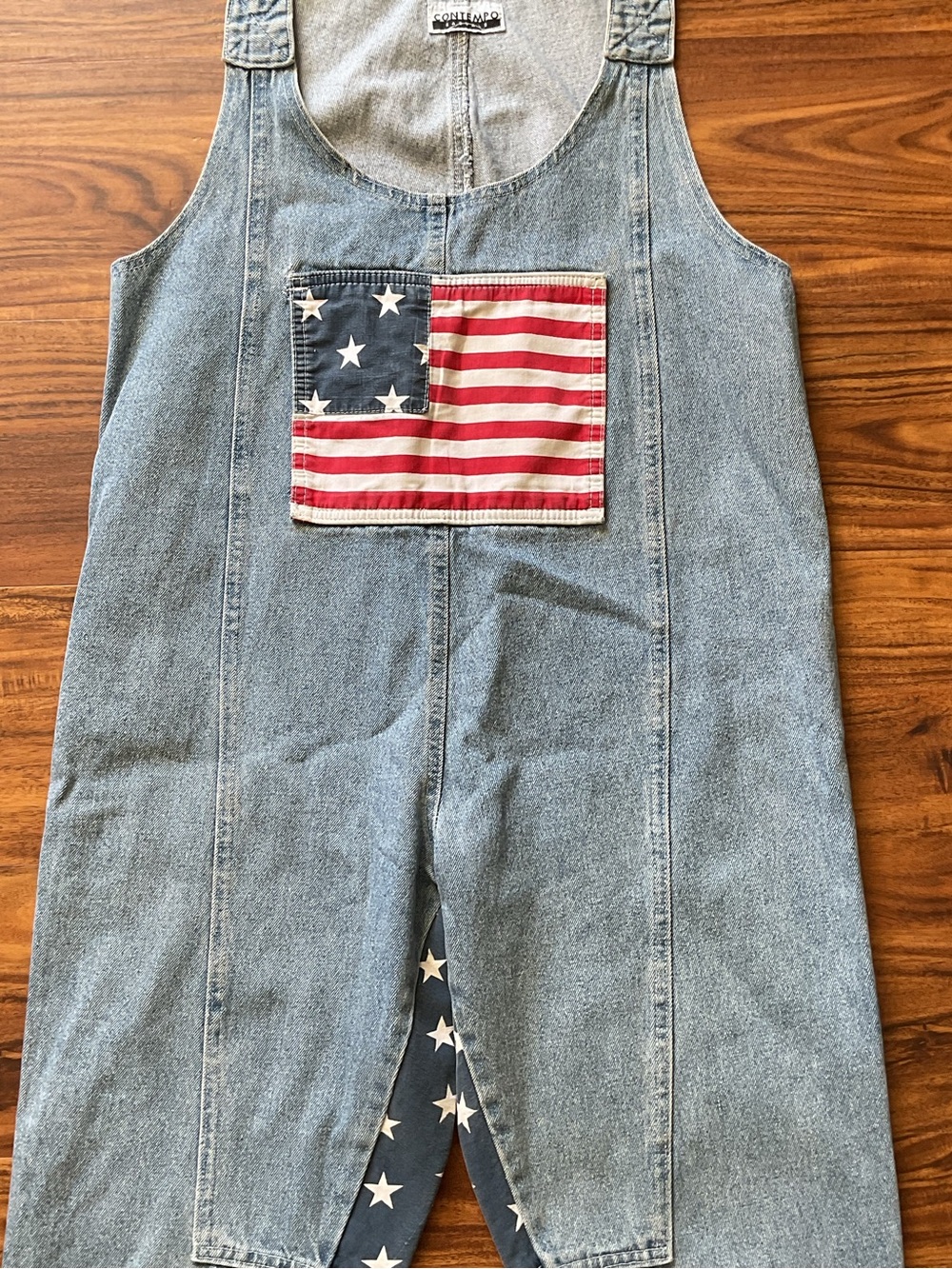 Vintage 90s Contempo Casuals Denim Overalls M American Flag Stars Stripes - Picture 4 of 11